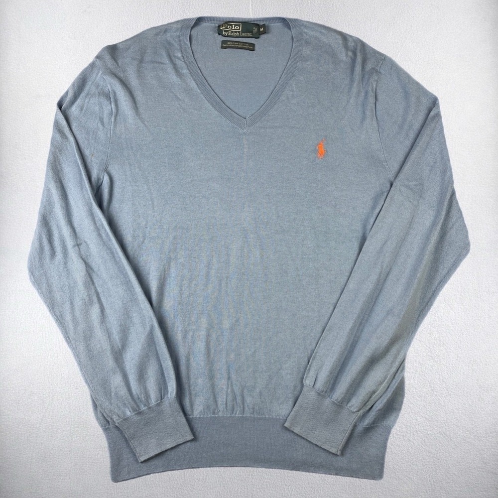 Polo Ralph Lauren Sweater Mens Medium Blue Pima Cotton V-Neck Orange Pony Logo - Picture 2 of 9